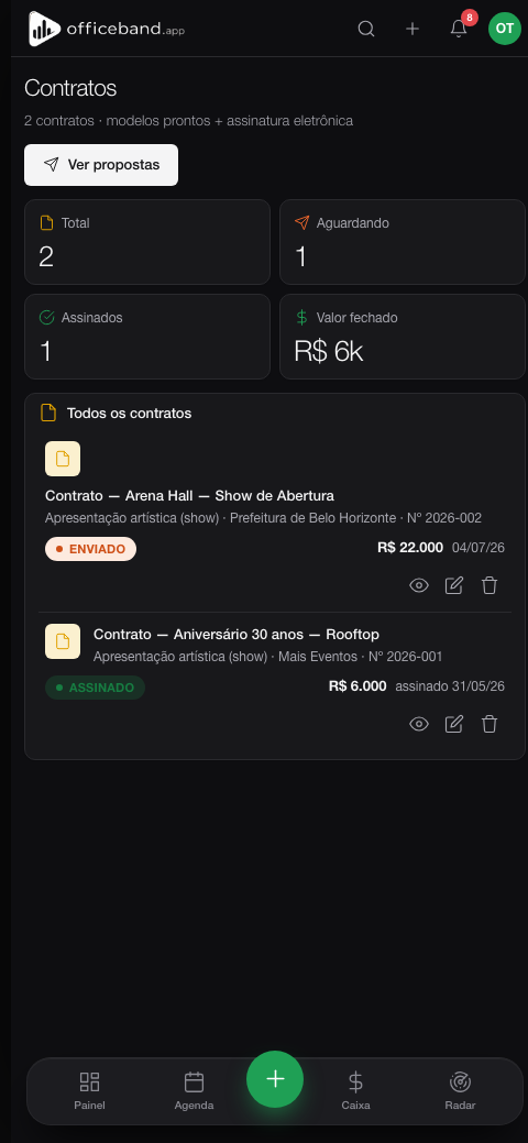 Tela de contratos do OfficeBand
