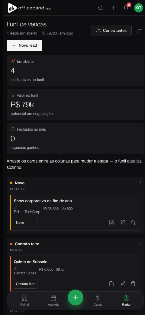 Tela de radar do OfficeBand