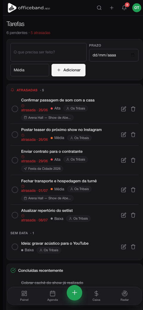 Tela de tarefas do OfficeBand